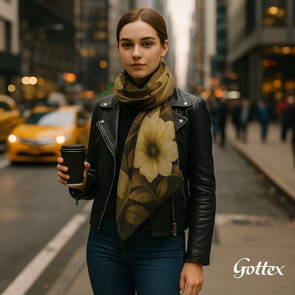 Gottex Sheer Floral Silk Scarf Wrap – Neutral Gold & Black - Picture 13 of 13